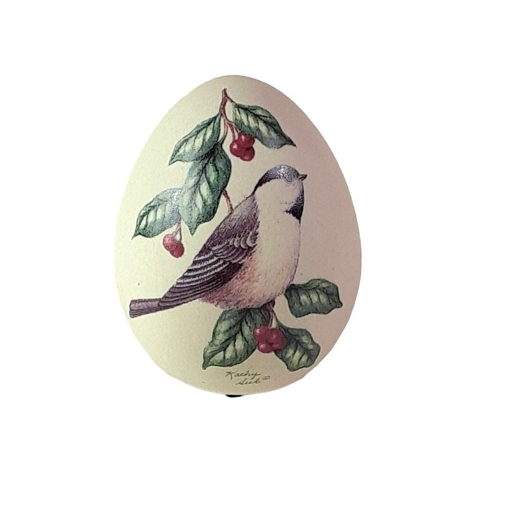 Kathy Seek Ceramic Porcelain Finch Bird Egg w/Decorative Holly Hand Painted 3.5"